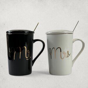 Mr & Mrs Ceramic Coffee Mug Set With Lid and Spoon Wedding Gift Set